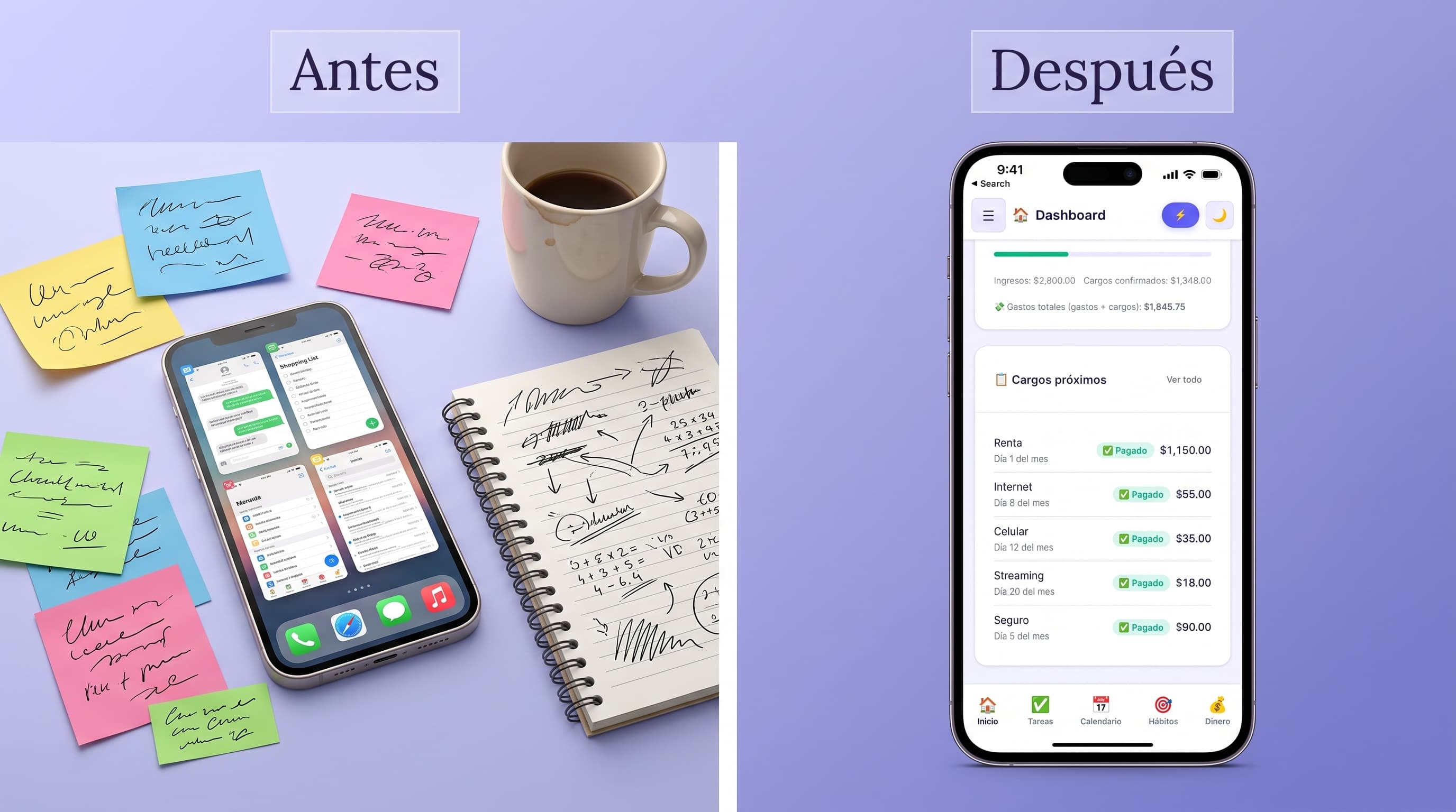 Comparación del antes y el después: de la vida repartida en notas y apps sueltas, a todo organizado en un solo lugar con Bailey Life